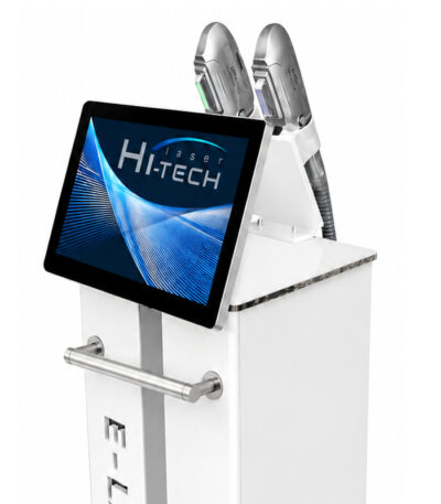 Urządzenie laserowe Hi-Tech do zabiegu epilacji z dwoma metalowymi aplikatorami i ekranem dotykowym na białej kolumnie