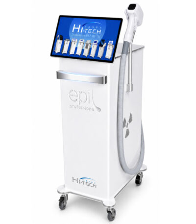 Profesjonalny urządzenie dermatologiczne Epi HITECH z ekranem dotykowym wyświetlającym menu zabiegów i rękojeścią laserową