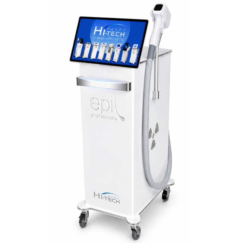 Profesjonalny urządzenie dermatologiczne Epi HITECH z ekranem dotykowym wyświetlającym menu zabiegów i rękojeścią laserową